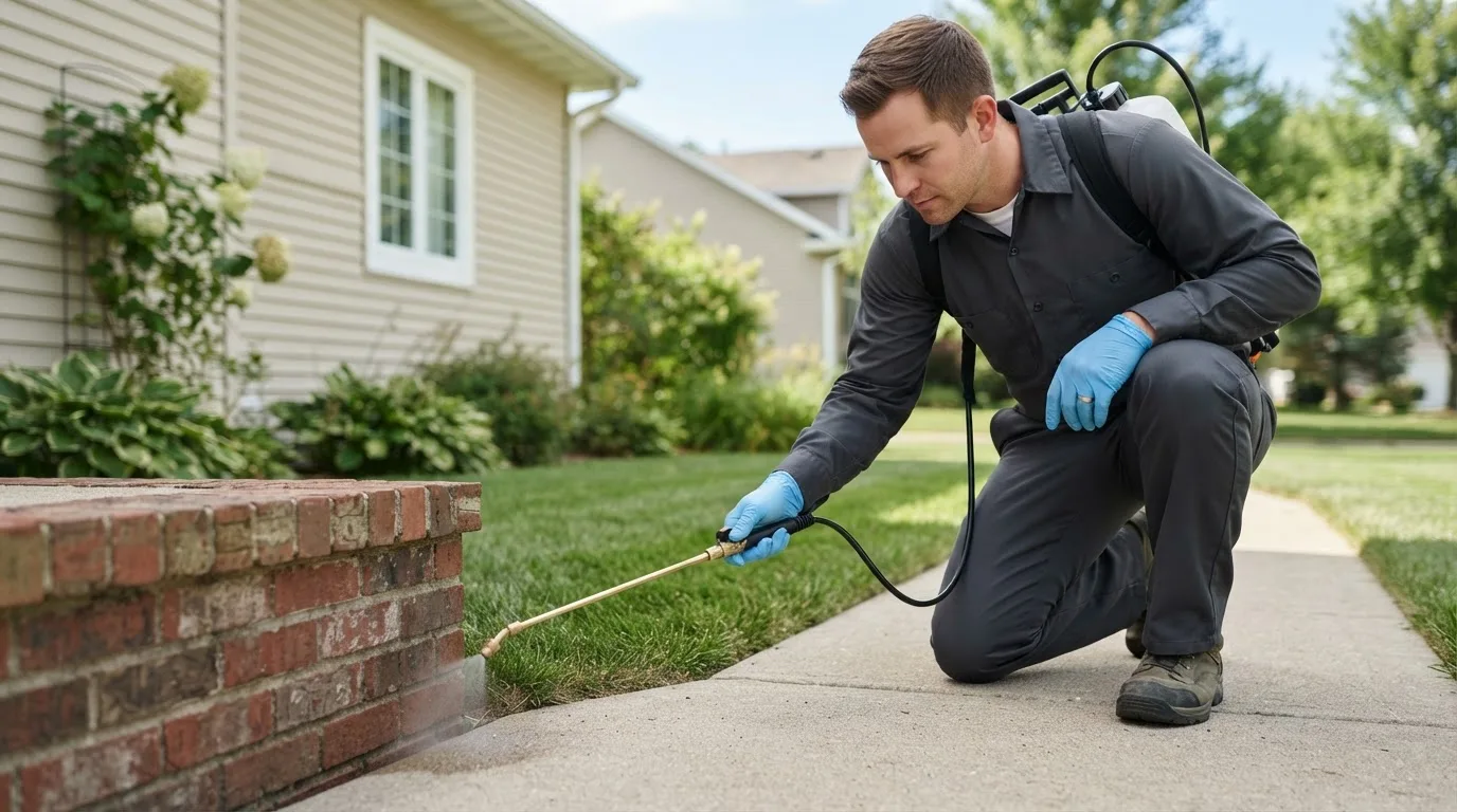 Pest control technician treating a home near Asbury, IA