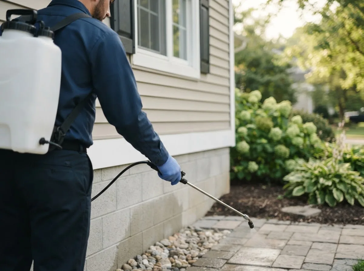 Pest control technician inspecting a home in Asbury, IA